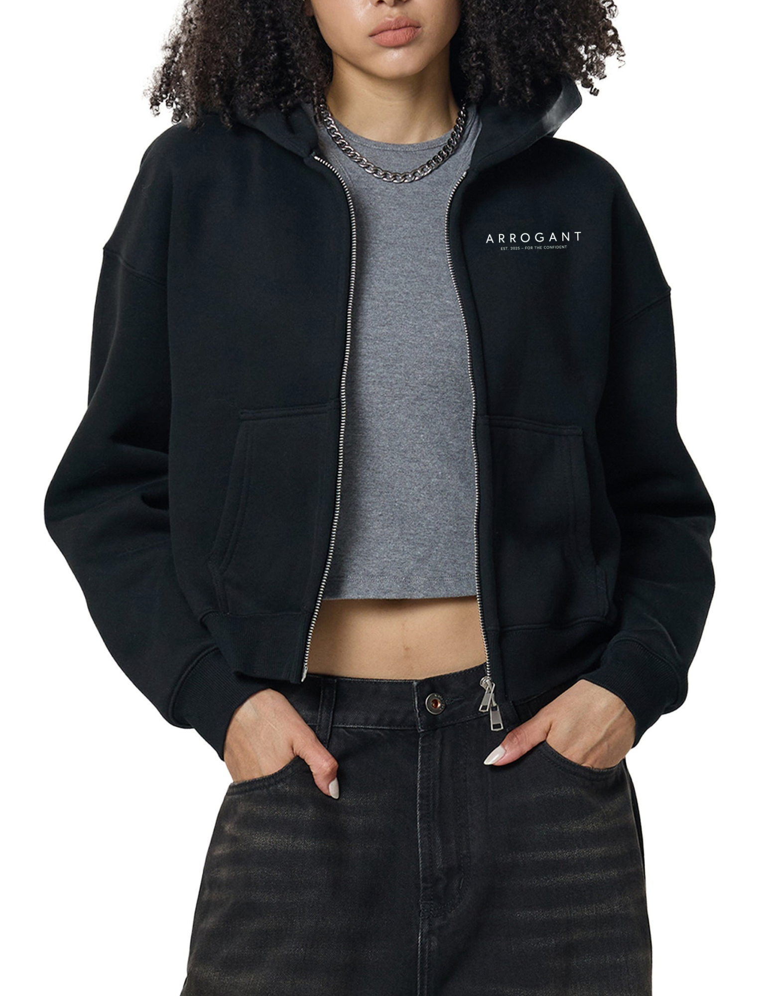 Fleeced Zip-Up Cropped Hoodie