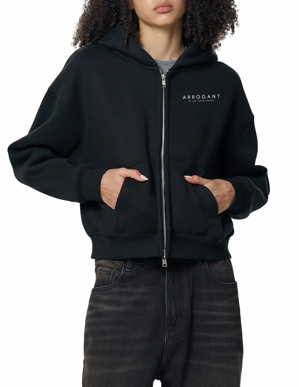 Fleeced Zip-Up Cropped Hoodie