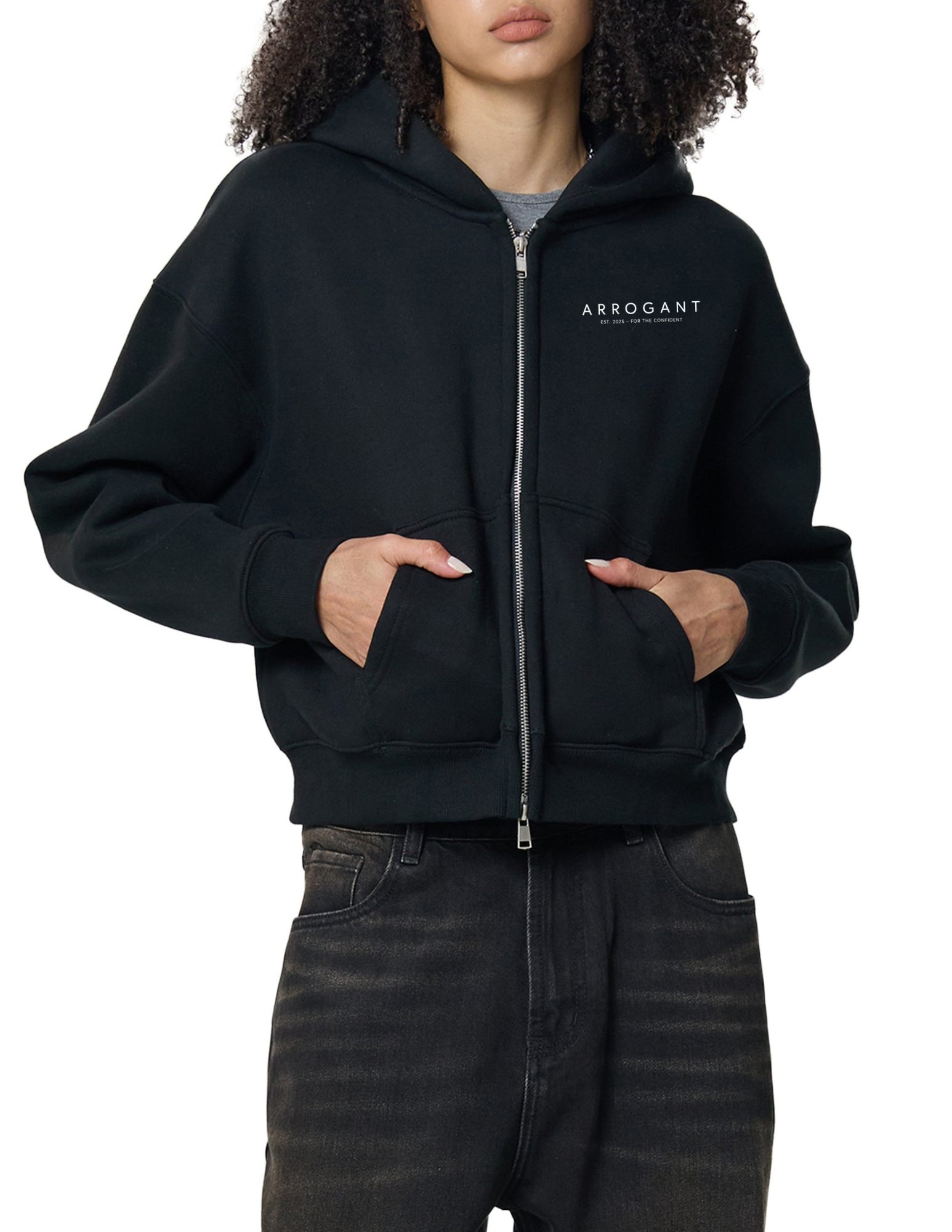 Fleeced Zip-Up Cropped Hoodie